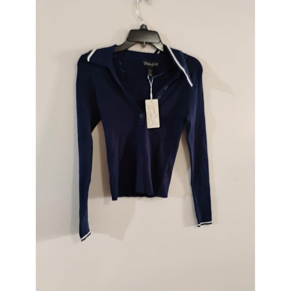 Streetwear Society Navy Blue Ribbed Knit Long Sleeve Polo Top White Trim S NWT